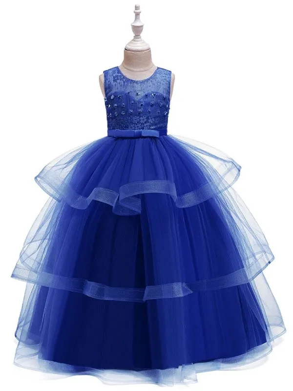 Jewel Neck Tulle Sleeveless Flower Girl Dresses Ankle Length Princess Silhouette Kids Party Dresses