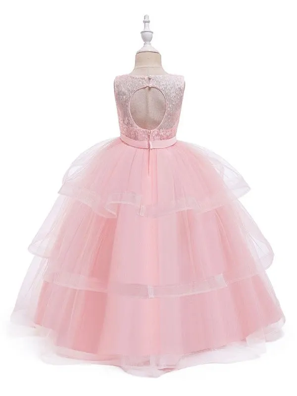 Jewel Neck Tulle Sleeveless Flower Girl Dresses Ankle Length Princess Silhouette Kids Party Dresses