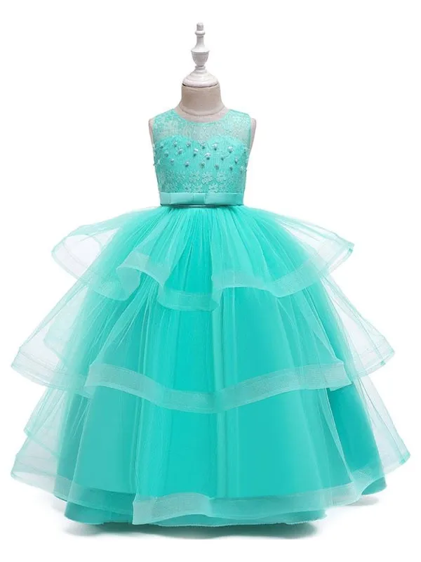 Jewel Neck Tulle Sleeveless Flower Girl Dresses Ankle Length Princess Silhouette Kids Party Dresses