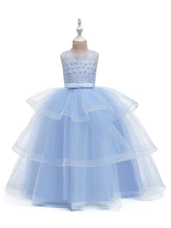 Jewel Neck Tulle Sleeveless Flower Girl Dresses Ankle Length Princess Silhouette Kids Party Dresses