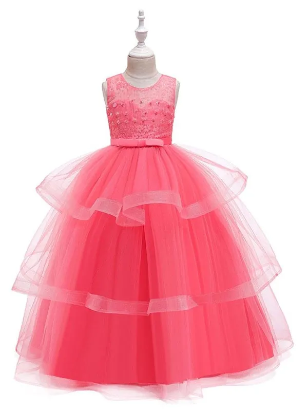 Jewel Neck Tulle Sleeveless Flower Girl Dresses Ankle Length Princess Silhouette Kids Party Dresses