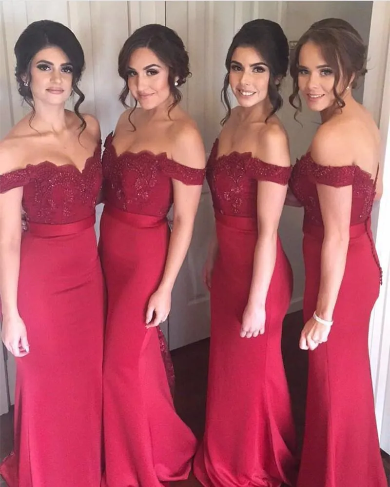 Lace Appliques Off The Shoulder Long Jersey Mermaid Bridesmaid Dresses