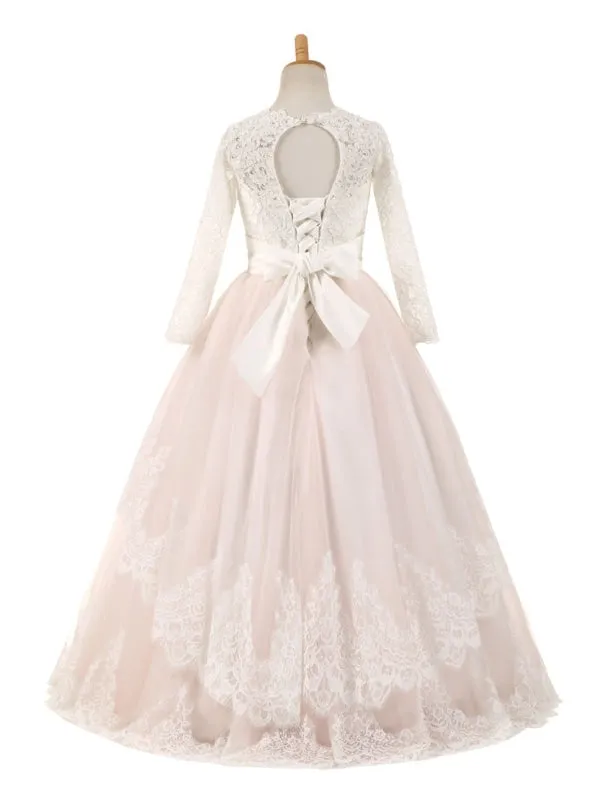 Lace Tulle Long Sleeve Flower Girl Dresses Satin Pageant Dresses Sash Blush Pink Floor Length Party Dress