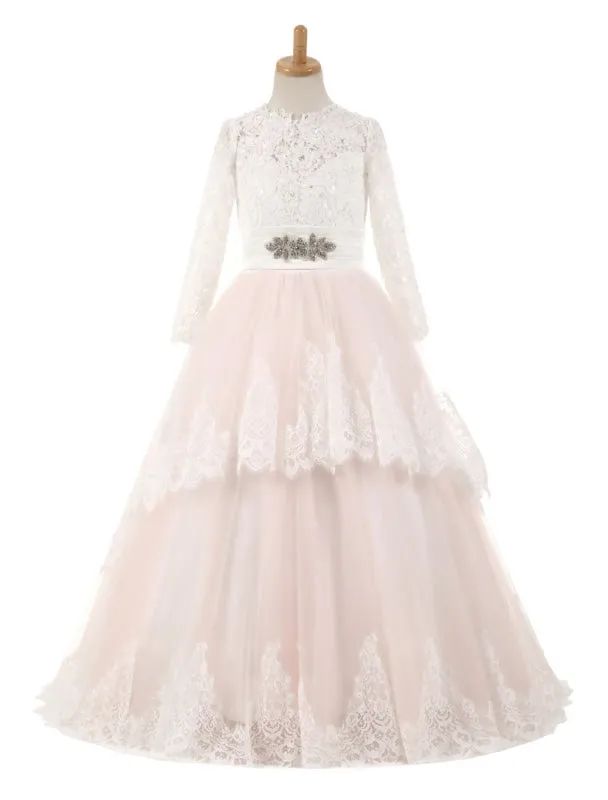 Lace Tulle Long Sleeve Flower Girl Dresses Satin Pageant Dresses Sash Blush Pink Floor Length Party Dress