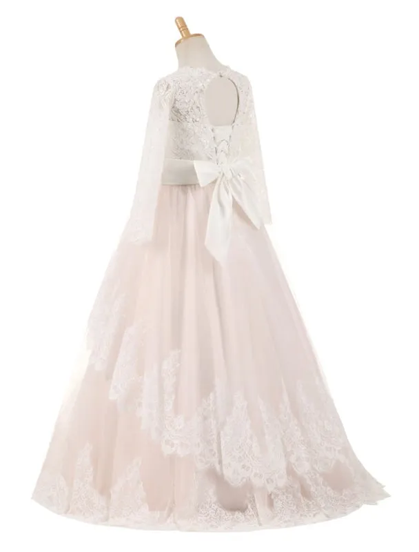 Lace Tulle Long Sleeve Flower Girl Dresses Satin Pageant Dresses Sash Blush Pink Floor Length Party Dress