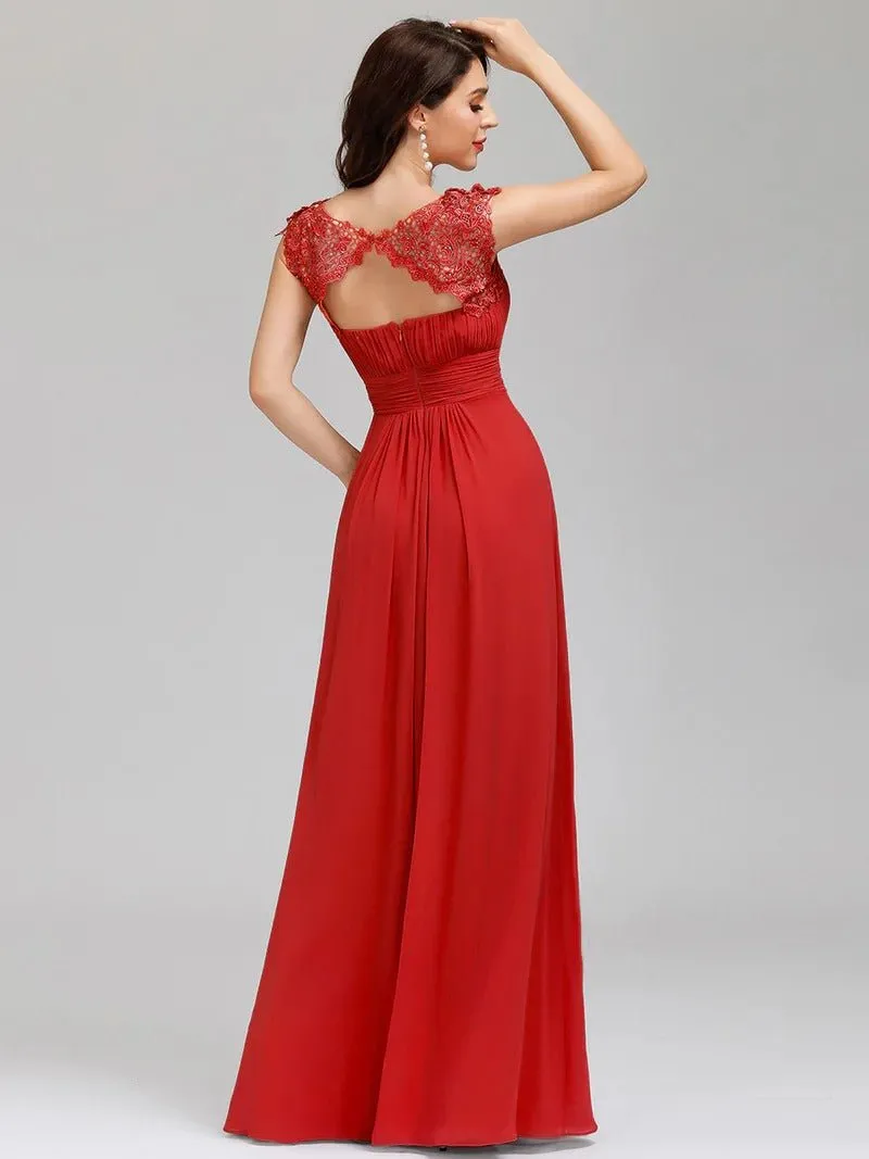 Lacey Neckline Open Back Ruched Bust Evening Dresses