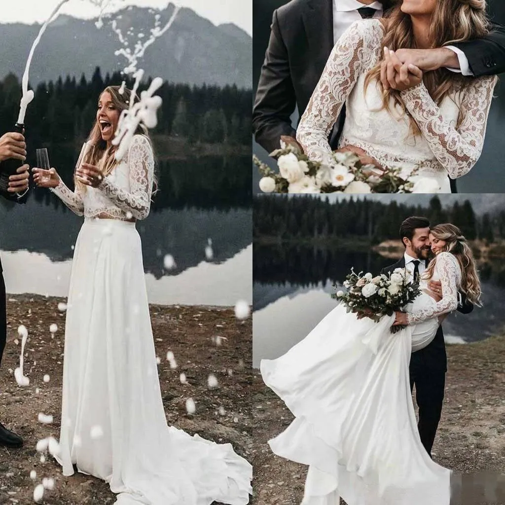 Long Sleeve Two Pieces Lace Round Neck Beach Wedding Dresses Chiffon Boho Bridal Gowns