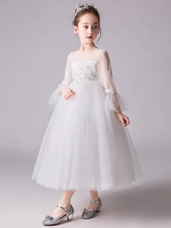 Long Sleeves Embroidered Princess Flower Girl Dresses Jewel Neck Kids Party Dresses