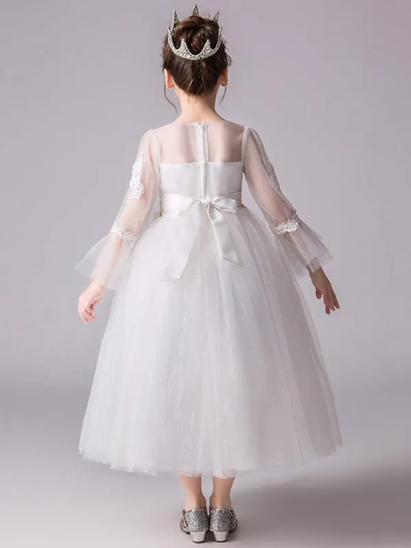 Long Sleeves Embroidered Princess Flower Girl Dresses Jewel Neck Kids Party Dresses