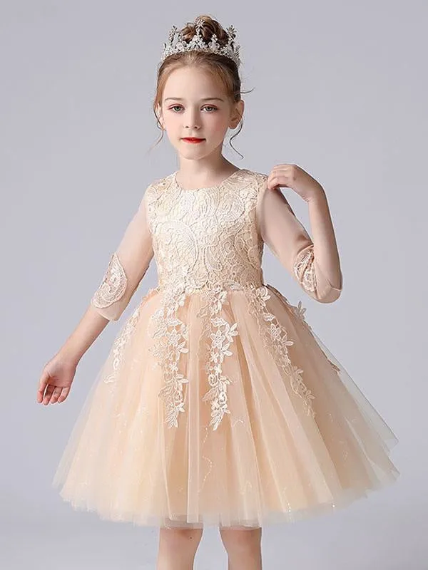 Lovely Pink Lace Flower Girl Dresses Half Sleeves Silhouette Short Princess Dress Kids Social Party Dresses