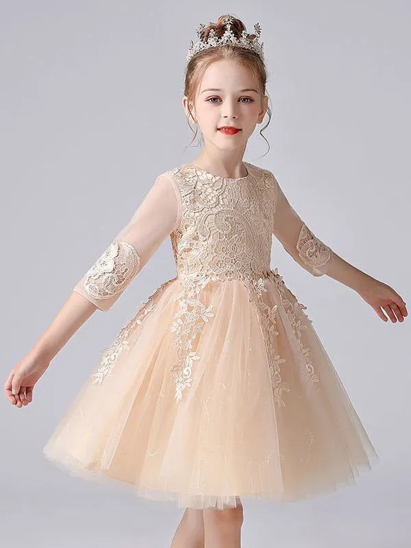 Lovely Pink Lace Flower Girl Dresses Half Sleeves Silhouette Short Princess Dress Kids Social Party Dresses