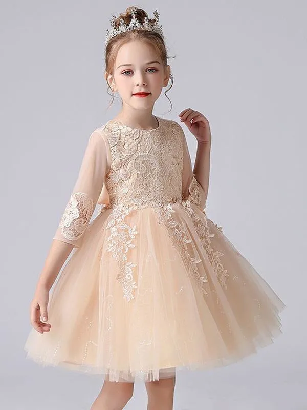 Lovely Pink Lace Flower Girl Dresses Half Sleeves Silhouette Short Princess Dress Kids Social Party Dresses