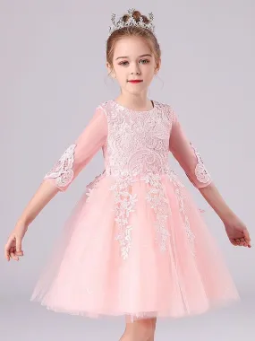 Lovely Pink Lace Flower Girl Dresses Half Sleeves Silhouette Short Princess Dress Kids Social Party Dresses