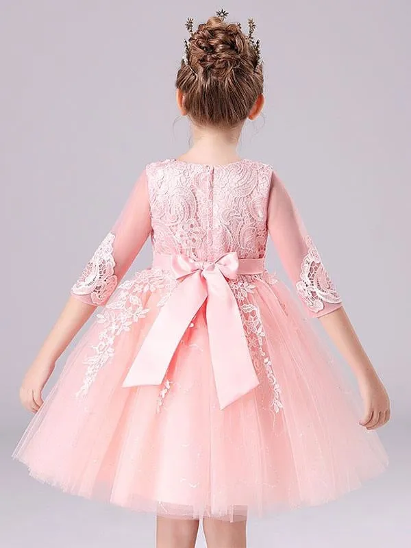 Lovely Pink Lace Flower Girl Dresses Half Sleeves Silhouette Short Princess Dress Kids Social Party Dresses