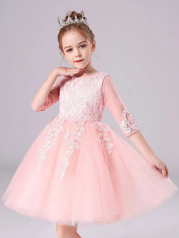 Lovely Pink Lace Flower Girl Dresses Half Sleeves Silhouette Short Princess Dress Kids Social Party Dresses