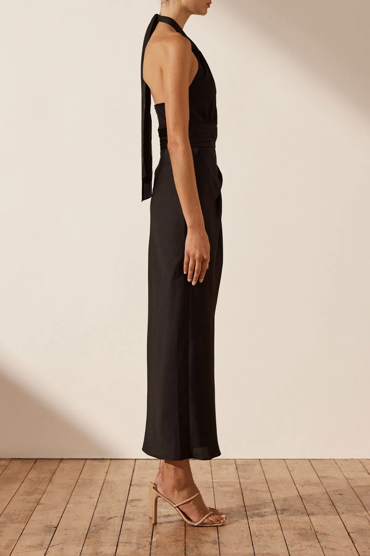 LUXE GATHERED HALTER MIDI DRESS - ONYX