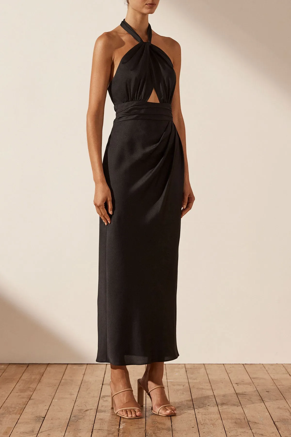 LUXE GATHERED HALTER MIDI DRESS - ONYX