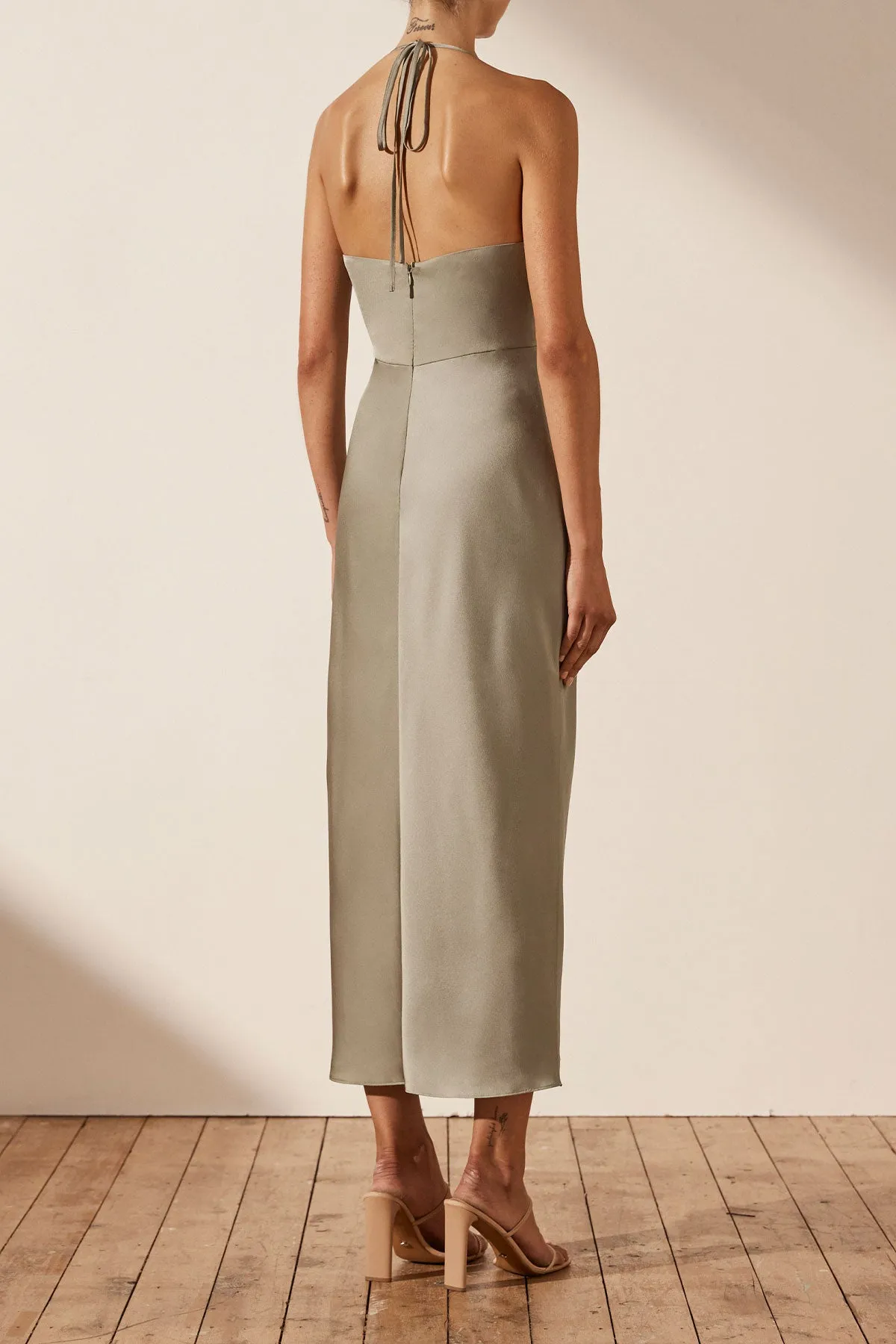 LUXE TWIST FRONT HALTER MIDI DRESS - EUCALYPTUS