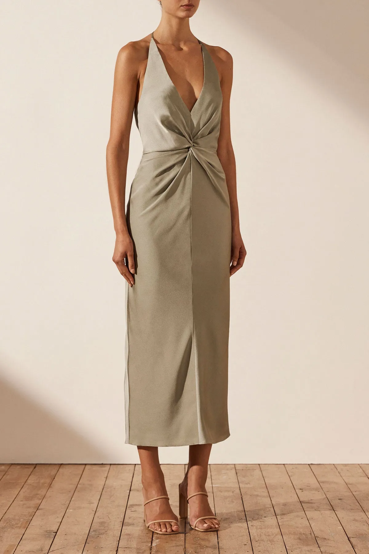 LUXE TWIST FRONT HALTER MIDI DRESS - EUCALYPTUS