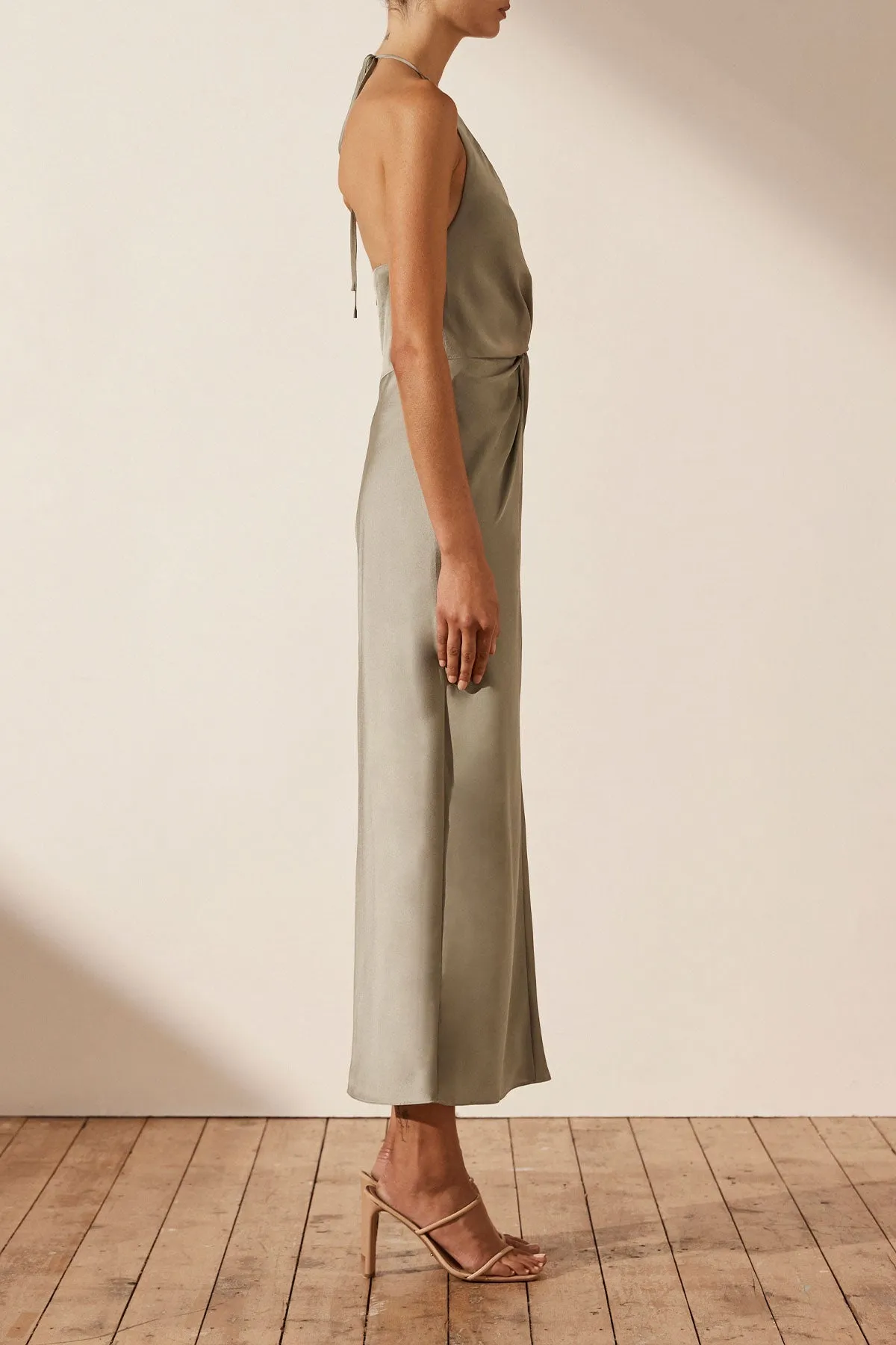 LUXE TWIST FRONT HALTER MIDI DRESS - EUCALYPTUS