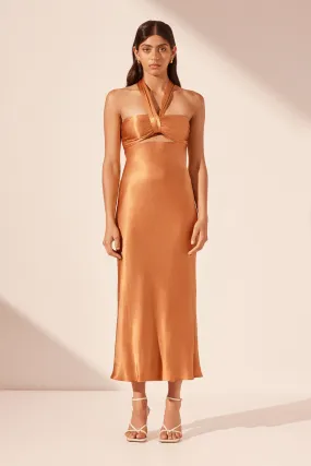 LYDIE RUCHED HALTER MIDI DRESS - GOLDEN OAK