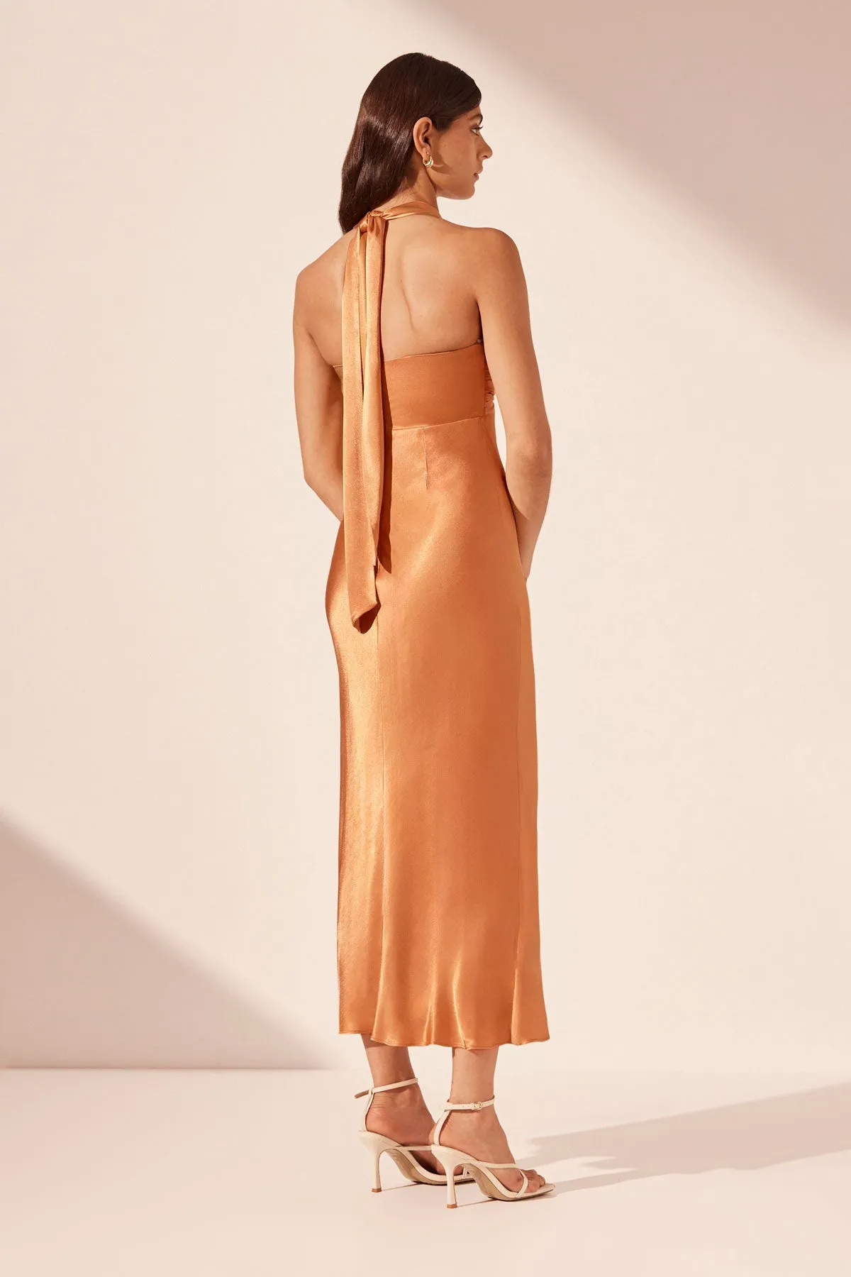 LYDIE RUCHED HALTER MIDI DRESS - GOLDEN OAK