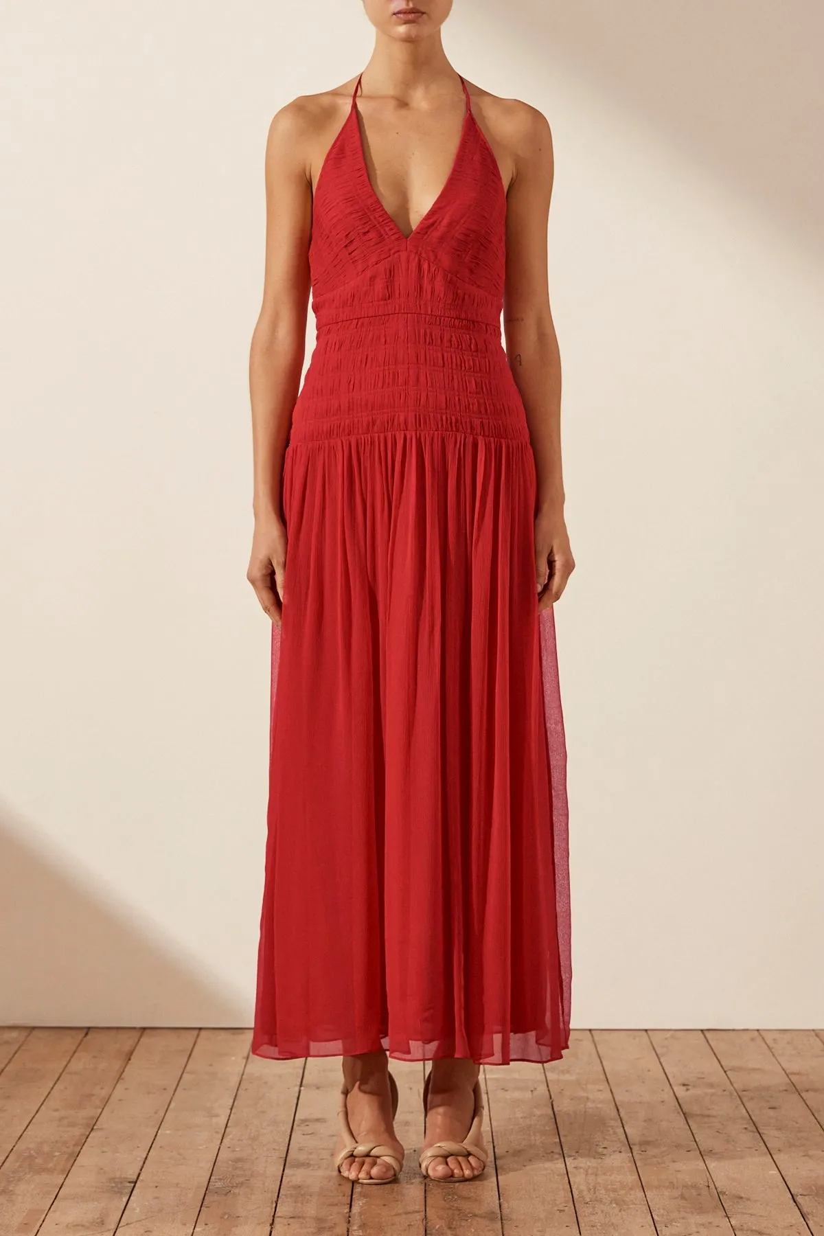 MARQUIS HALTER TIE MIDI DRESS - ROMA RED