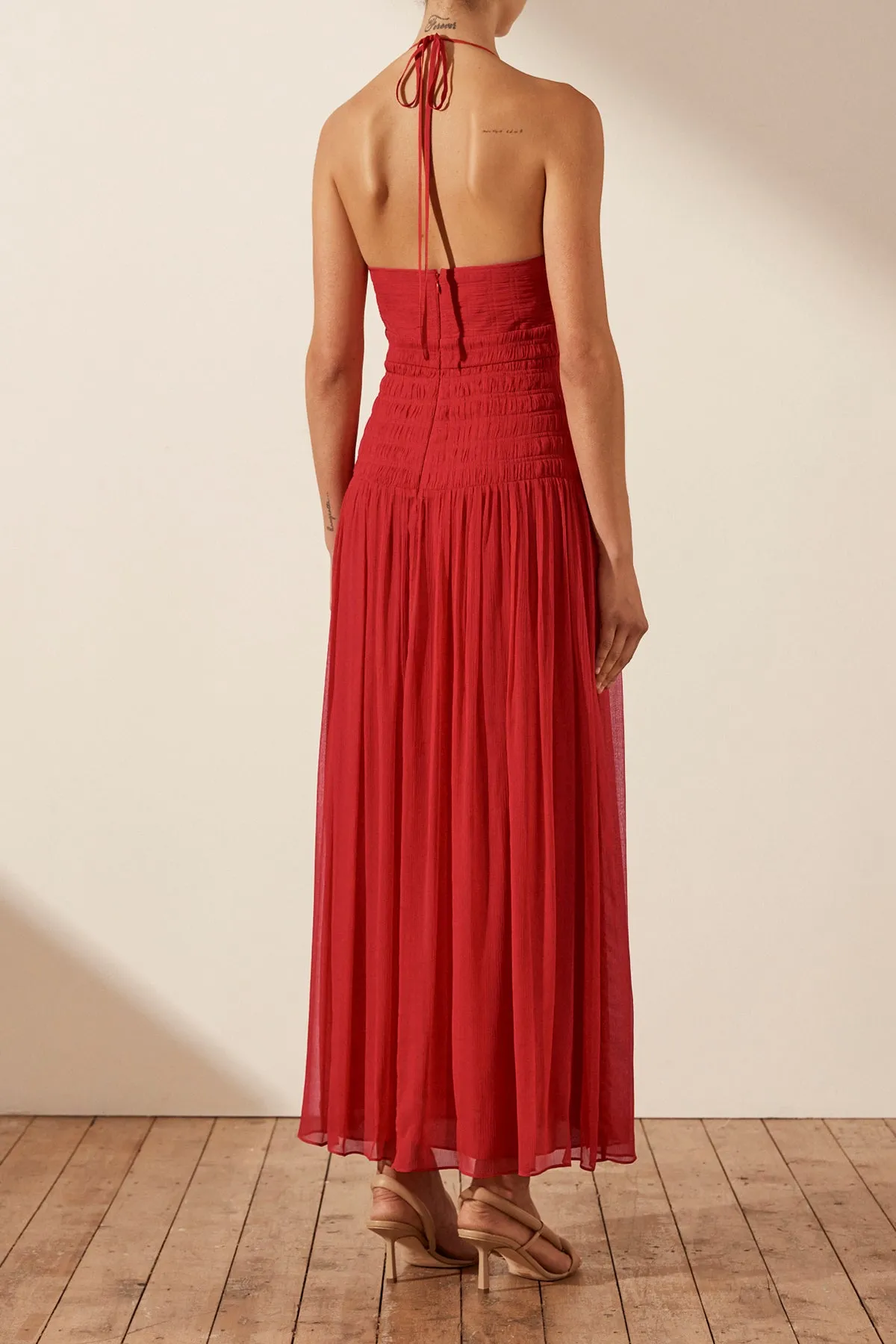 MARQUIS HALTER TIE MIDI DRESS - ROMA RED