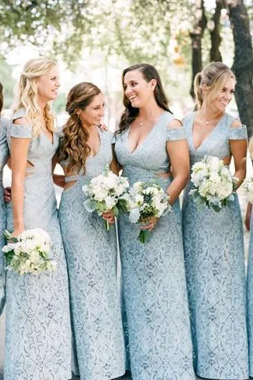 Mermaid Lace Baby Blue V Neck Bridesmaid Dresses for Wedding STK20425