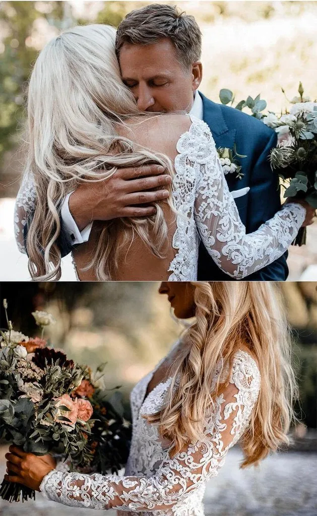 Mermaid Long Sleeve Lace Beach Wedding Dresses Backless V Neck Boho Wedding Gowns