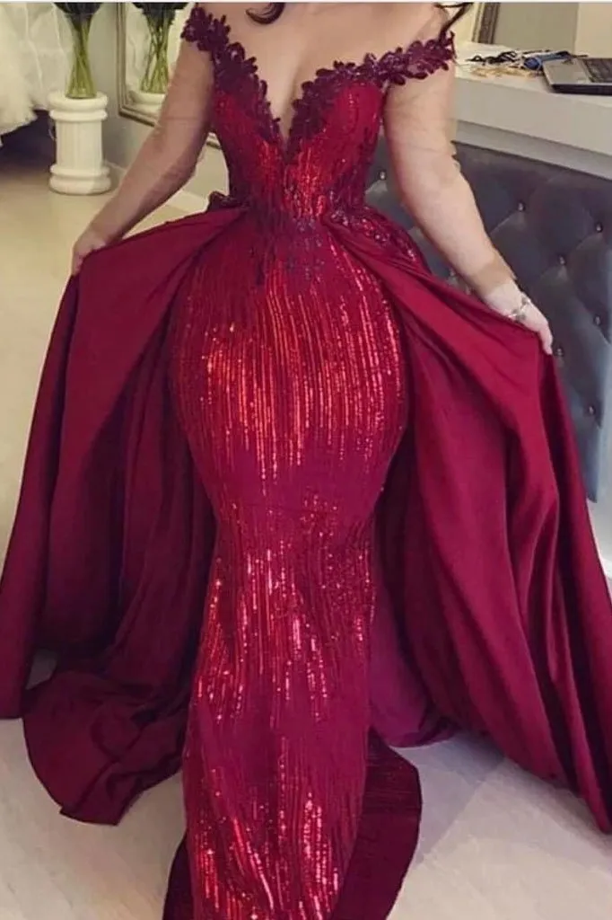 Mermaid Off the Shoulder Burgundy Long Sleeves V Neck Prom Dresses with Detachable Train STK15263