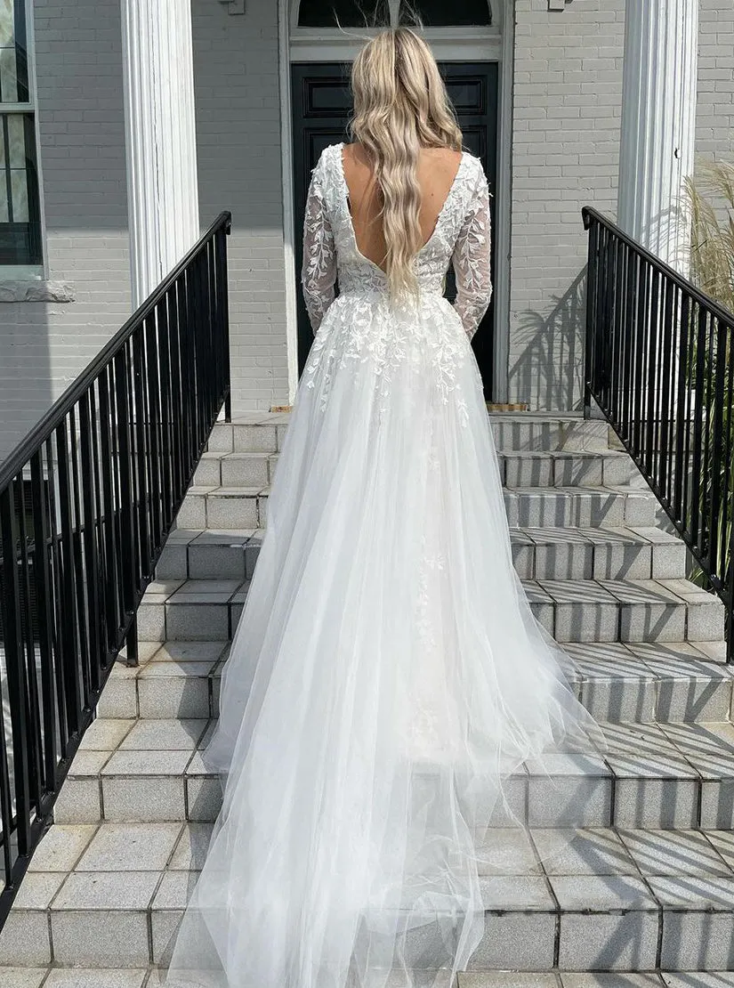 Mermaid V Neck Backless Long Sleeves Tulle Wedding Dresses