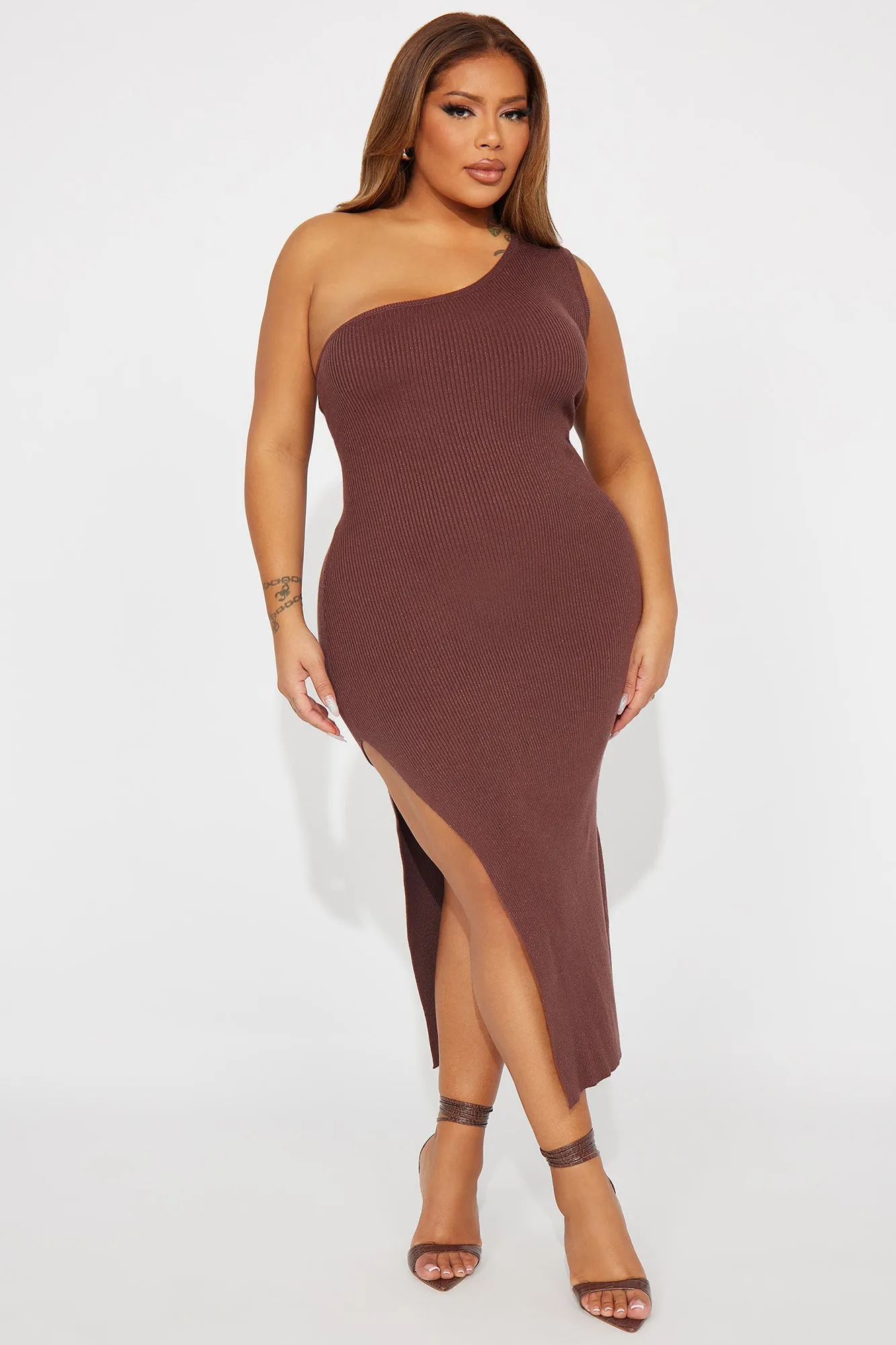 Milena Metallic Sweater Midi Dress - Brown