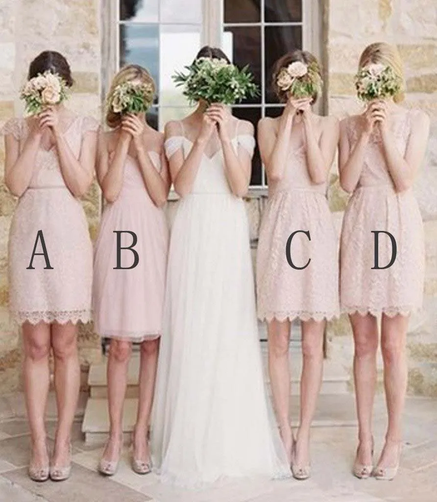 Mismatched Junior Short Lace Knee Length Blush Pink Bridesmaid Dresses Prom Dresses