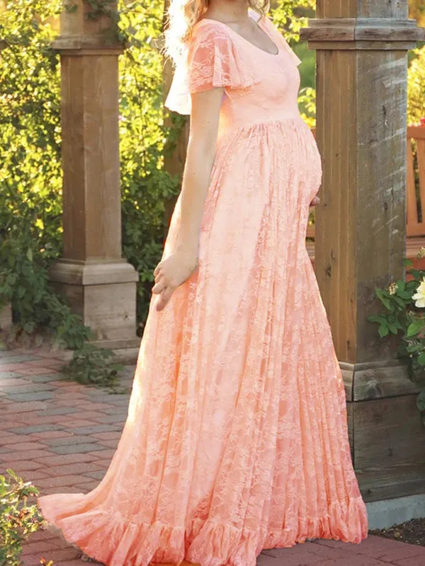 Momnfancy Lace Ruffle Draped For Babyshower Plus Size Maternity Maxi Dress