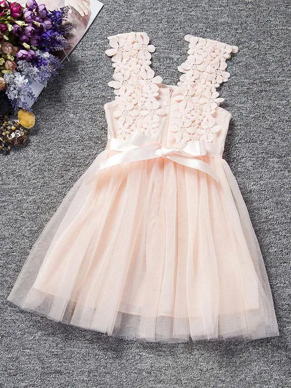 Pearl Pink Lace Applique Tutu Flower Girl Dresses Short Beading Kids Dinner Party Dresses