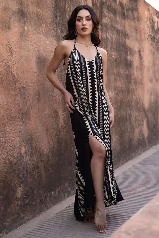 Pia Halterneck Maxi Dress - Black & White