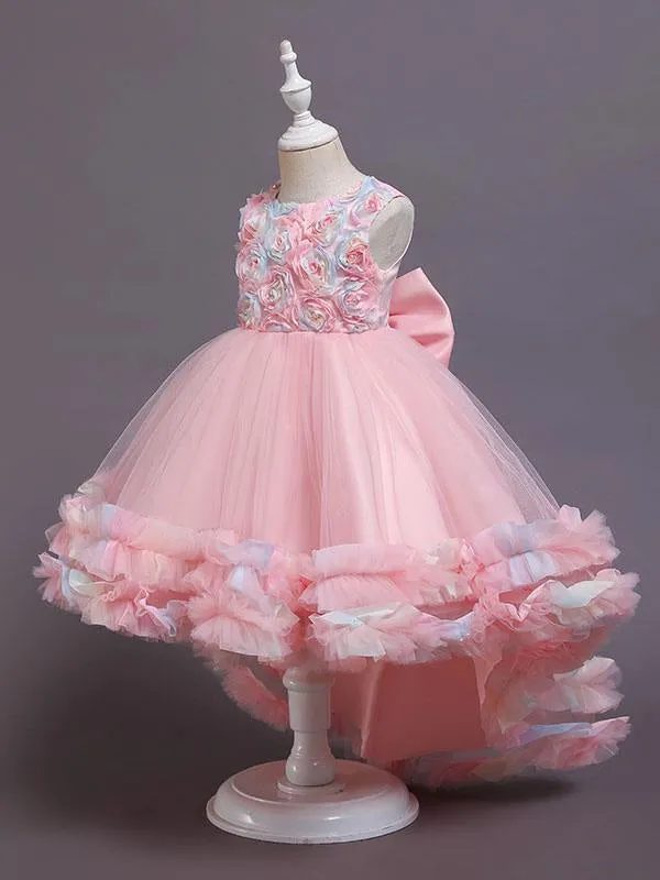 Pink 3D Floral Flower Girl Dresses Tulle Sleeveless A-Line Bows Formal Kids Pageant Dresses With Train