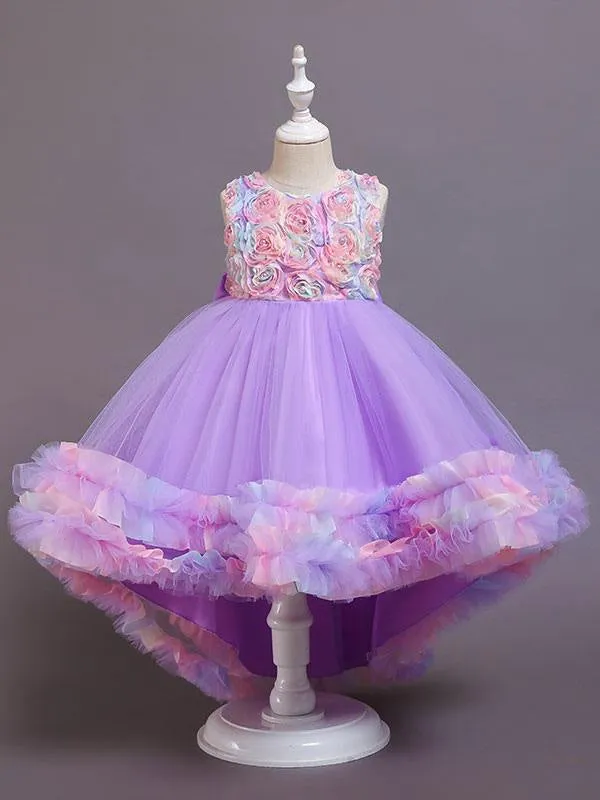 Pink 3D Floral Flower Girl Dresses Tulle Sleeveless A-Line Bows Formal Kids Pageant Dresses With Train