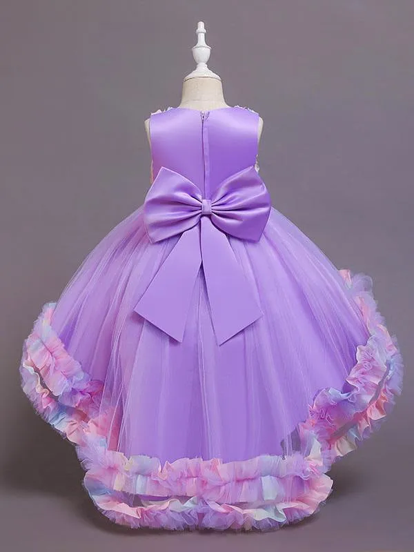 Pink 3D Floral Flower Girl Dresses Tulle Sleeveless A-Line Bows Formal Kids Pageant Dresses With Train