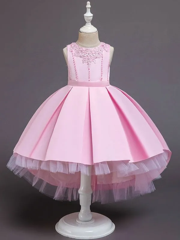 Pink A-Line Sleeveless Flower Girl Dresses Jewel Neck Tulle Formal Kids Pageant Dresses