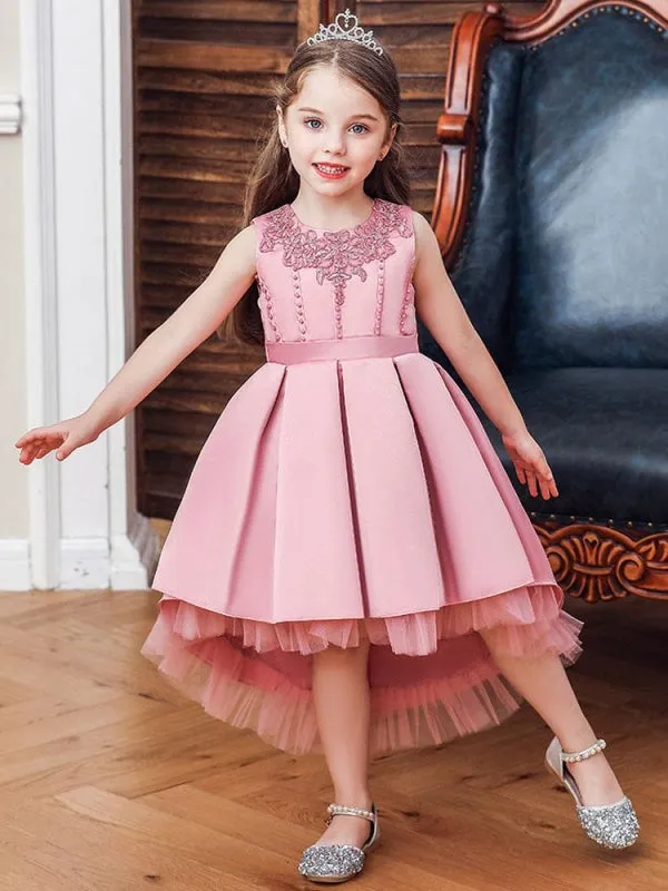 Pink A-Line Sleeveless Flower Girl Dresses Jewel Neck Tulle Formal Kids Pageant Dresses