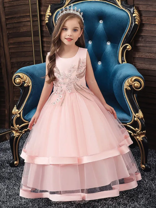 Pink Ankle Length Beaded Princess Flower Girl Dresses Jewel Neck Sleeveless Kids Pageant Dresses