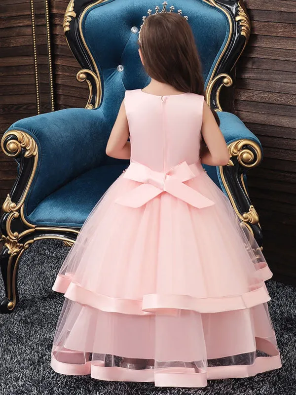 Pink Ankle Length Beaded Princess Flower Girl Dresses Jewel Neck Sleeveless Kids Pageant Dresses