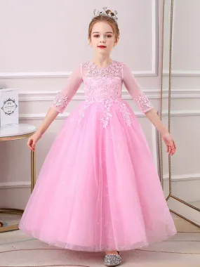 Pink Flower Girl Dresses Jewel Neck Half Sleeves Ankle-Length Lace Princess Silhouette Bows Formal Kids Pageant Dresses