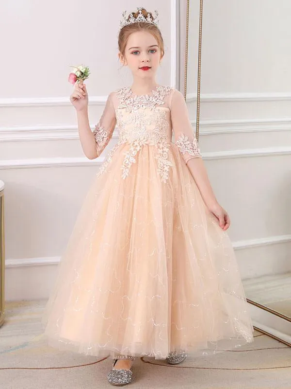 Pink Flower Girl Dresses Jewel Neck Half Sleeves Ankle-Length Lace Princess Silhouette Bows Formal Kids Pageant Dresses