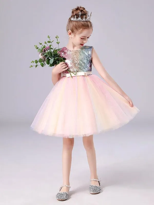 Pink Flower Girl Dresses Sparkly Sequins Sleeveless A-Line Tulle Kids Party Dresses