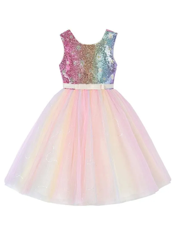 Pink Flower Girl Dresses Sparkly Sequins Sleeveless A-Line Tulle Kids Party Dresses