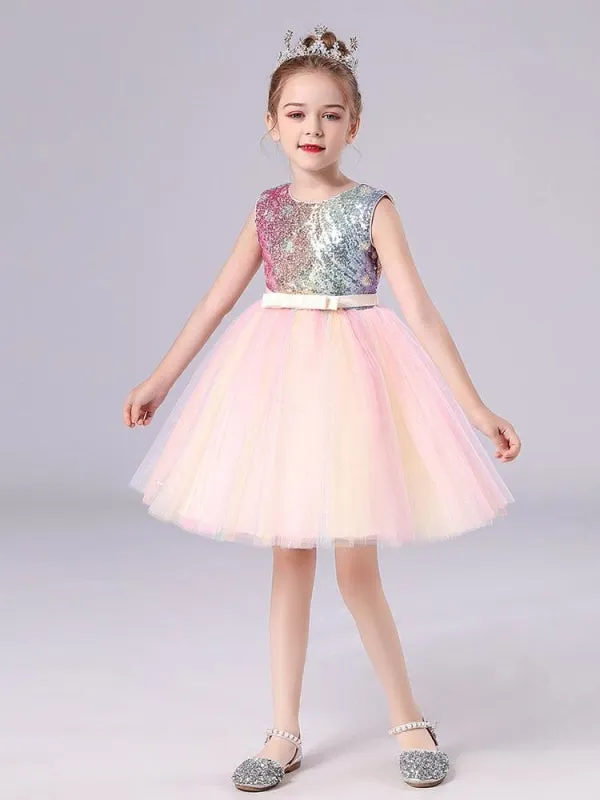 Pink Flower Girl Dresses Sparkly Sequins Sleeveless A-Line Tulle Kids Party Dresses