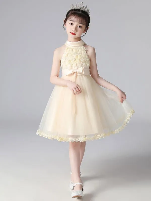 Pink Halter Lace Sleeveless Flower Girl Dresses Short Princess Dress Formal Kids Pageant Dresses